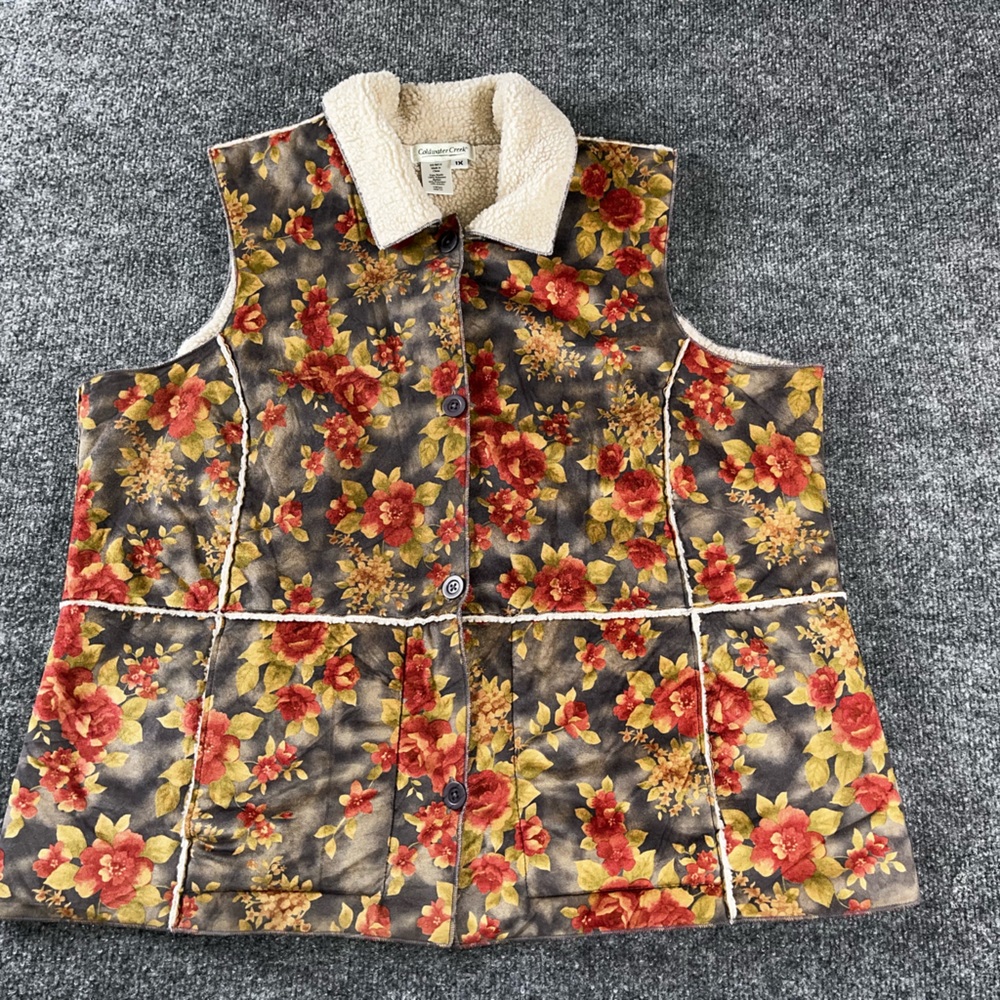 Coldwater Creek Womens Vest 1X Floral Sherpa Lined Faux Suede Outdoor